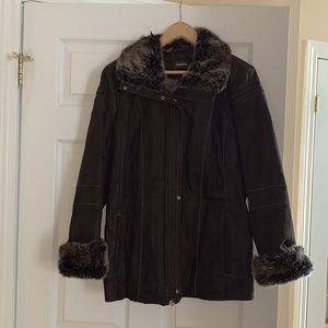 Danier dark brown leather coat with fur trims